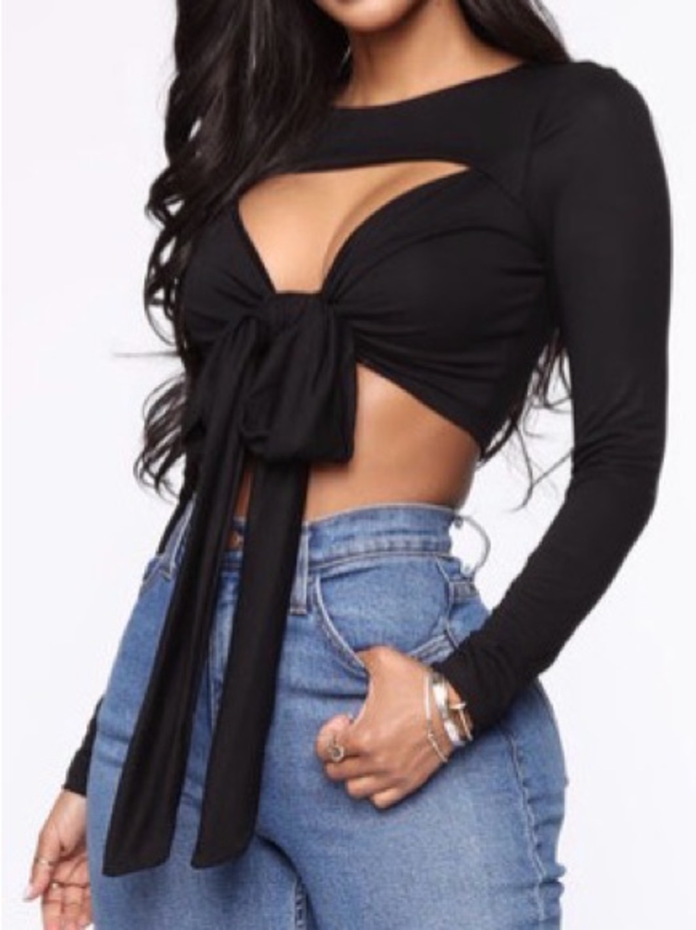 Fashion Nova Black Long-Sleeve Wrap Tie Crop Top